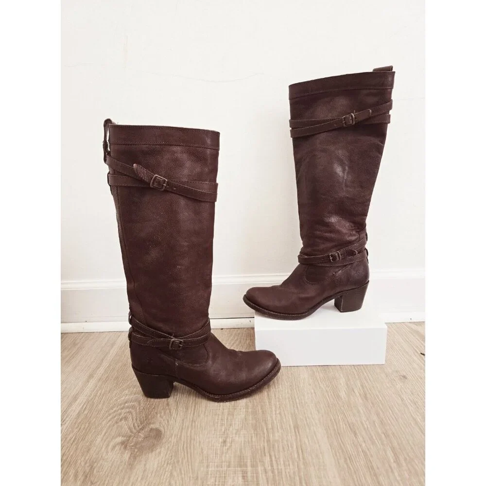 Frye Jane Strappy Buckle Harness Leather Brown Heeled Tall Knee High Boots 8.5